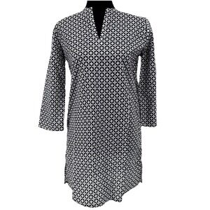 CHARLESTON SHOE CO. NAVY & WHITE COTTON Geometric LOGO 3/4 SLVS TUNIC‎ SM NEW